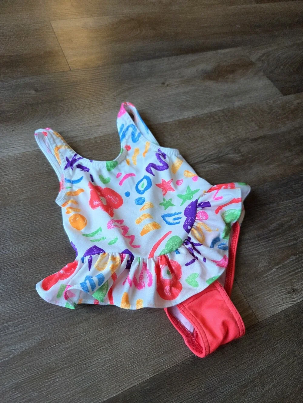 Vintage 90s Neon Flower and Scribbles Print Baby Toddler Girls Swimsuit w/Skirt